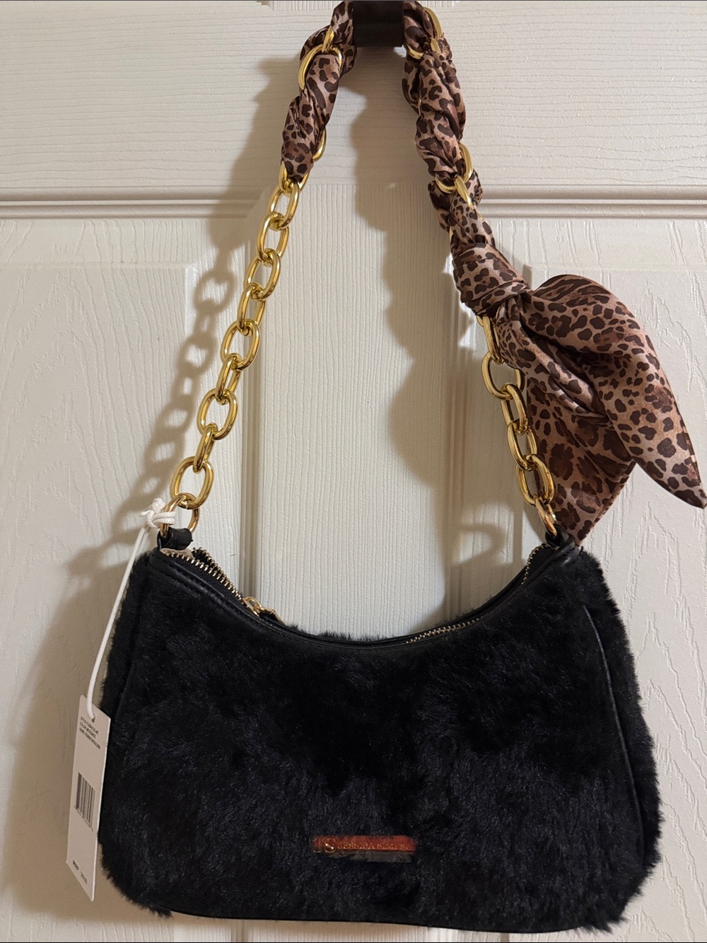 Jessica Simpson Black Faux Fur Shoulder Bag with Gold Chain and Leopard Scarf